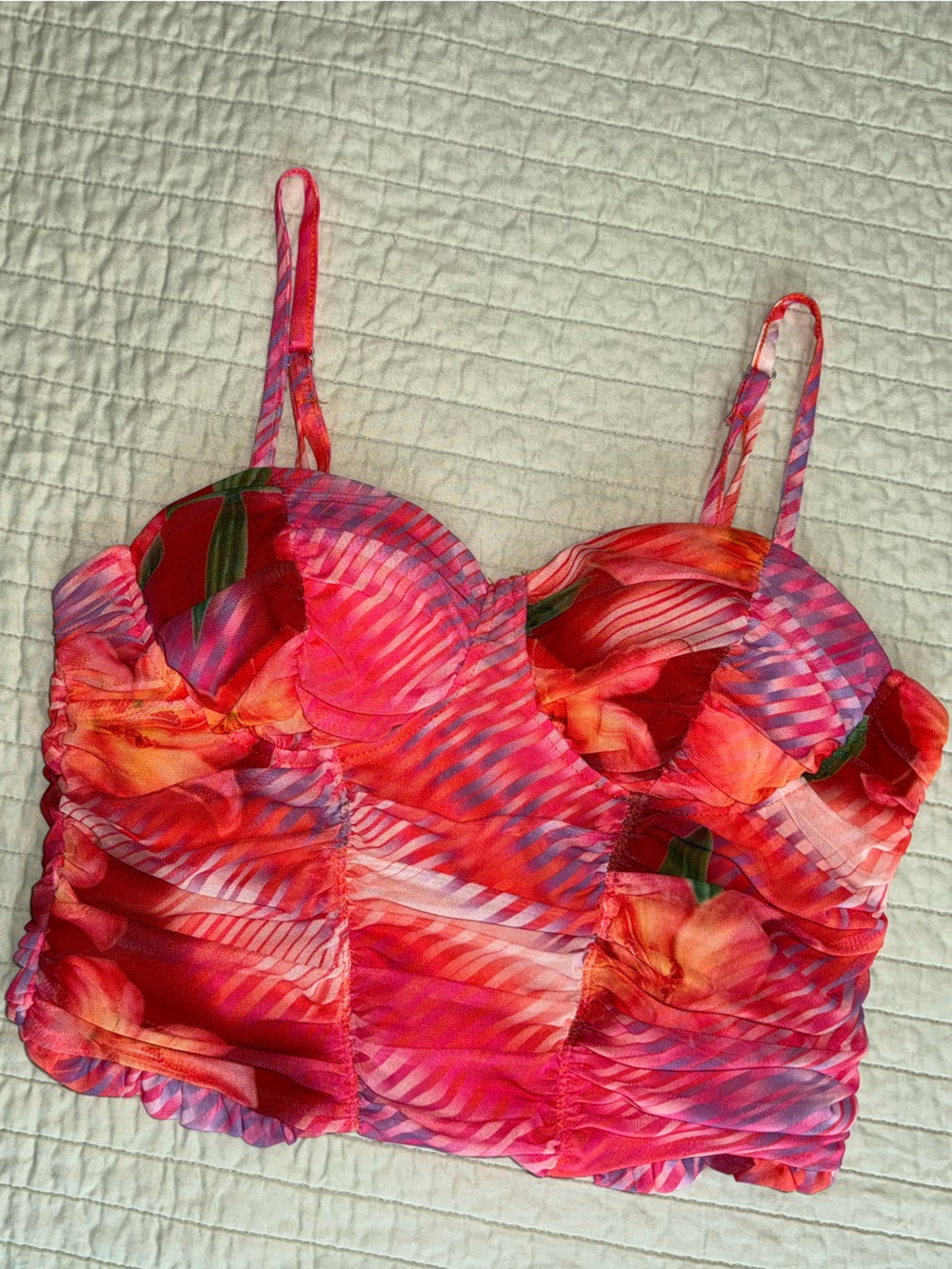 Floral Pink & Orange Ruched Bustier Crop Top NEW